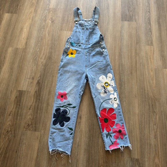Denim - Misslook Women Floral Print Denim Overalls Light Wash Raw Hem Boho Size S